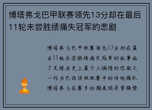 博塔弗戈巴甲联赛领先13分却在最后11轮未尝胜绩痛失冠军的悲剧
